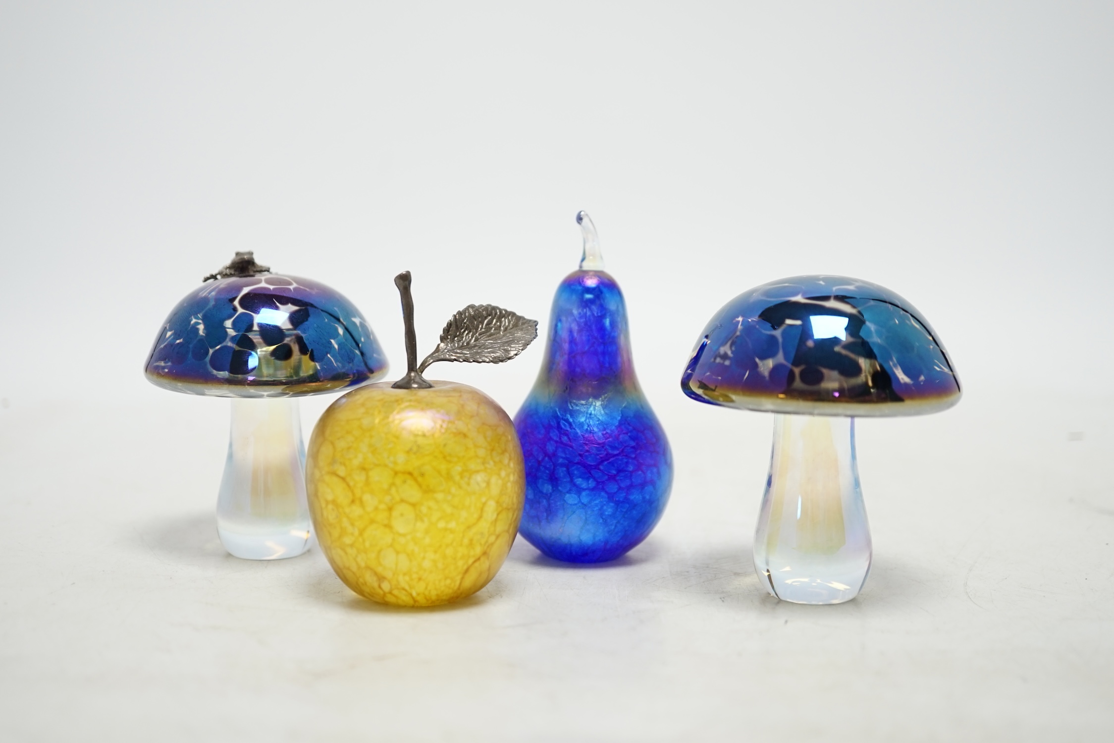 Four Glasform fruit and mushroom paperweights, including John Ditchfield design, tallest 9cm. Condition - good